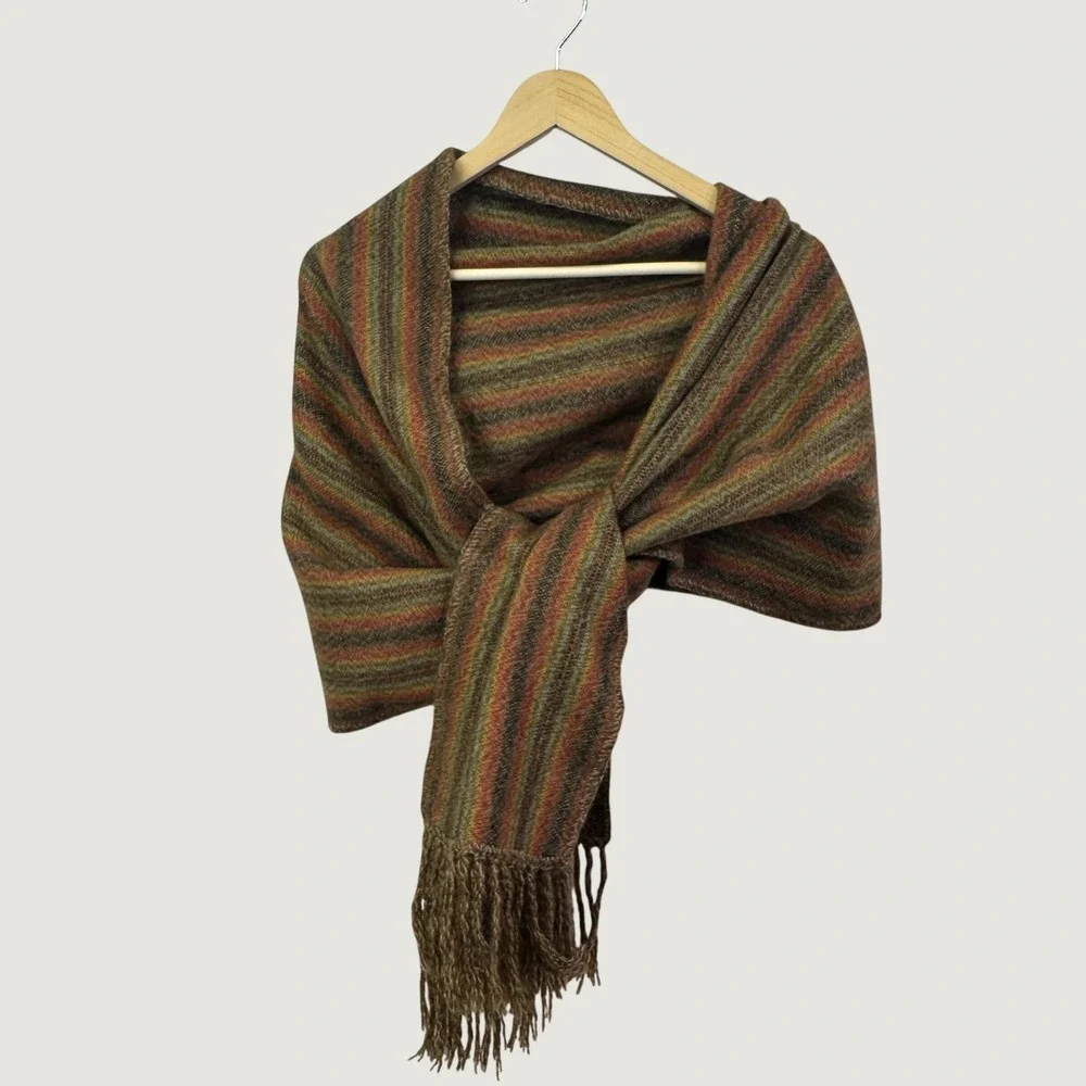 Estirpe Inc Alpaca Scarf OS Brown Striped Boho Fringe Shawl Made in Peru 40 x 20